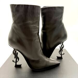 Saint Laurent Opyum Leather YSL Heel Nero Pointed Toe Booties IT 39 US 9 $1750